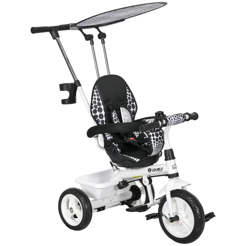 HOMCOM HOMCOM 6-in-1 Dreirad mit Schubstange, Kinderdreirad mit Sonnendach, Korb, Weiß, – Produktbild 1 von 6