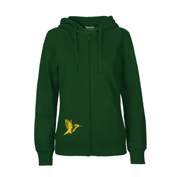 HANDGEDRUCKT HANDGEDRUCKT "Gartenfreude" Frauen Zip-HOODY aus reiner Biobaumwolle (kbA), Bottlegreen, – Produktbild 2 von 4