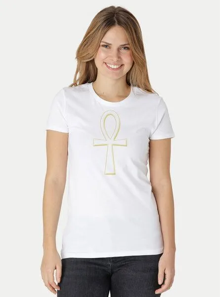 Peaces.bio - handbedruckte Biomode Peaces.bio - handbedruckte Biomode Damen Fit T-Shirt Ankh, Weiss, – Produktbild 2 von 2