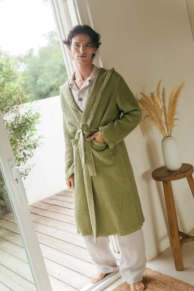AmourLinen AmourLinen Herren vegan Bademantel Waffel Leinen Moosgrün, Olivgrün, – Produktbild 2 von 2