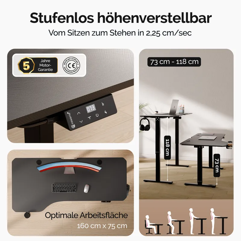 Casaria® Höhenverstellbarer Schreibtisch Schwarz (Carbon-Optik) 160x75x73-118cm, Schwarz, – Produktbild 2 von 2