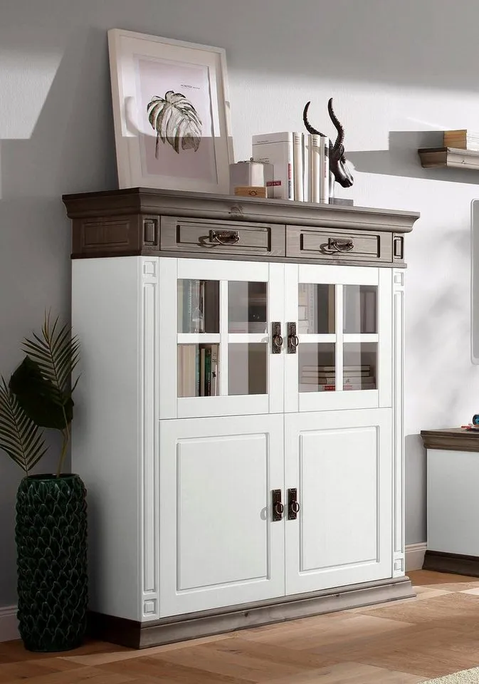 OTTO home Highboard Vinales, 2 Schubladen, 4 Türen, 3 Einlegeböden, Griffe im Jugendstil (B/T/H:112/39/130 cm), Vitrine, Breite 112 cm, aus massiver Kiefer, FSC®, Weiß, – Produktbild 2 von 4