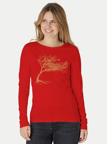 Peaces.bio - handbedruckte Biomode Peaces.bio - handbedruckte Biomode Bio-Damen-Langarmshirt Windy Tree, Rot, – Produktbild 3 von 3