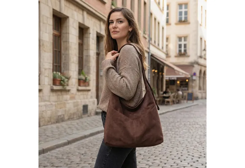 Oemmn Schultertasche große Damen Wildleder Tasche mit Reißverschluss & verstellbarem Gurt, Handtasche Damen aus weichem veganem Leder mit Fächern, Kaffee, – Produktbild 3 von 4