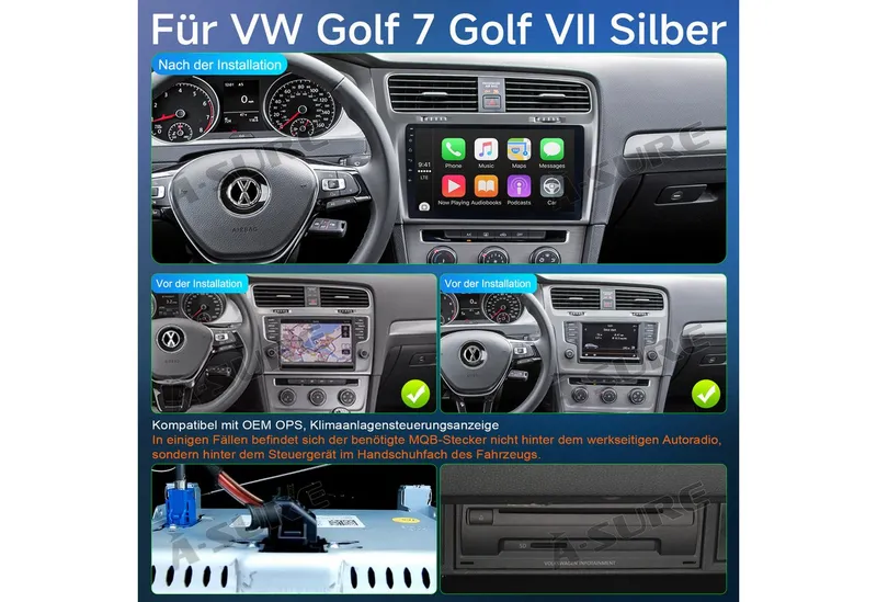 A-Sure 10.1" Android 15 Carplay Für VW Golf 7 VII MK7 2013-2017 Autoradio (Digitalradio (DAB), FM, AM), Grau, – Produktbild 4 von 5