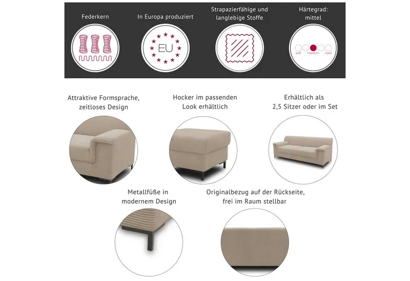 Home affaire 2,5-Sitzer Jamie zeitlos elegant, klares Design, komfortabel, Beige, – Produktbild 1 von 5