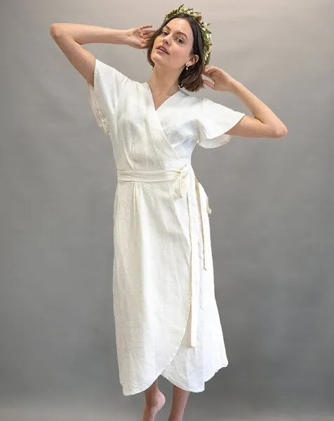 Aatise Aatise 100% Leinen-Wickelkleid mit Schmetterlingsärmeln Zargot, Weiss, – Produktbild 3 von 3