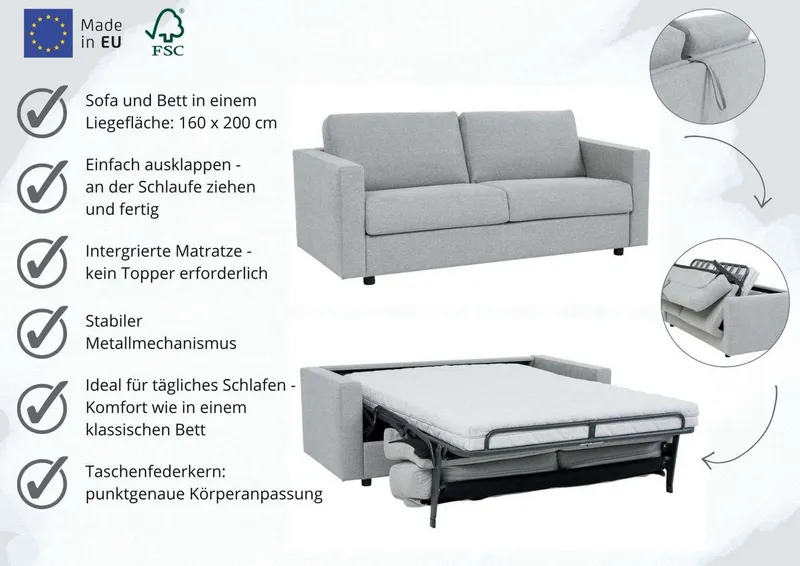 OTTO home Schlafsofa Jorren, Schlaf-Couch, Liegefl. 140 oder 160x200 cm, Bettfunktion, mit Bonel- oder Taschenfederkern, FSC®-zertifiziert, Beige, – Produktbild 3 von 5
