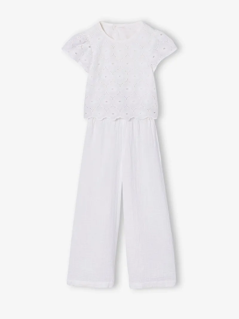 Vertbaudet Mädchen Jumpsuit mit Lochstickerei und Crinkle-Effekt, Weiß, – Produktbild 1 von 3