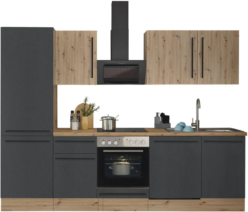 KOCHSTATION Küchenzeile KS-Florida mit 38mm starker Arbeitsplatte, Breite 280 cm, wahlweise mit E-Geräten, Soft-Close-Funktion, Schwarz, – Produktbild 1 von 8