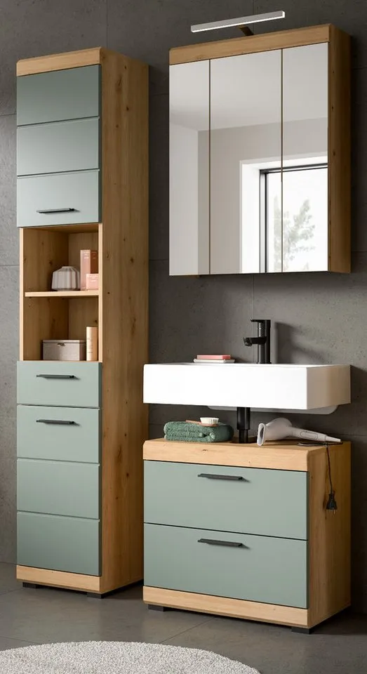 Inn.Furn Hochschrank Shawn (Badschrank in Salbei und Artisan Eiche, 2-türig, 37 x 191 cm) 6 Fächer, mit Vollauszug, Beige, – Produktbild 5 von 5