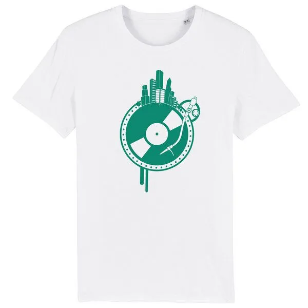 Spangeltangel Spangeltangel T-Shirt "Weltscheibe", Herren, bedruckt, Siebdruck, Schallplatte und Erdkugel, Weiß, – Produktbild 1 von 4