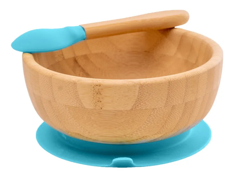 Bambuskind Bambuskind Kindergeschirr Schüssel mit Löffel und Saugnapf, aus Bambus Durchmesser 14 cm, 4,5 cm tief, Natur, blau, – Produktbild 1 von 2