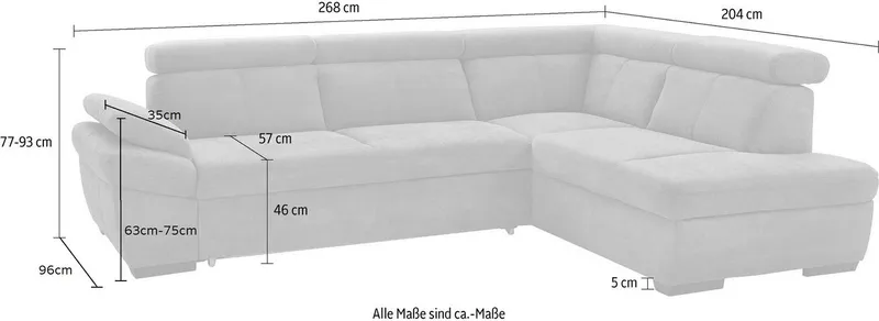 exxpo - sofa fashion Ecksofa Salerno, Funktionssofa, hoher Sitzkomfort, Breite 268cm, L-Form, inkl. Kopf- und Armteilverstellung, wahlweise mit Bettfunktion, Weiß, – Produktbild 3 von 5