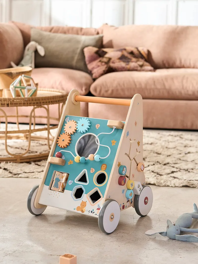 Vertbaudet Vertbaudet Activity-Lauflernwagen mit Bremsen Holz FSC®, Waldfreunde blau, – Produktbild 3 von 4