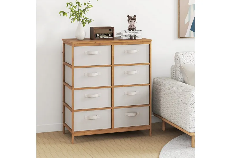 COSTWAY COSTWAY Sideboard, mit 8 abnehmbaren Stoffschubladen Bambus 80x40x94cm, Beige, – Produktbild 2 von 5