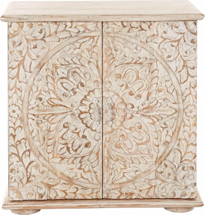 OTTO home Kommode Salim Sideboard handgefertigt, 2 Türen und dekorative Schnitzereien, Fronten mit individuellen Schnitzereien und Bügelgriffe aus Metall, Beige, – Produktbild 5 von 5