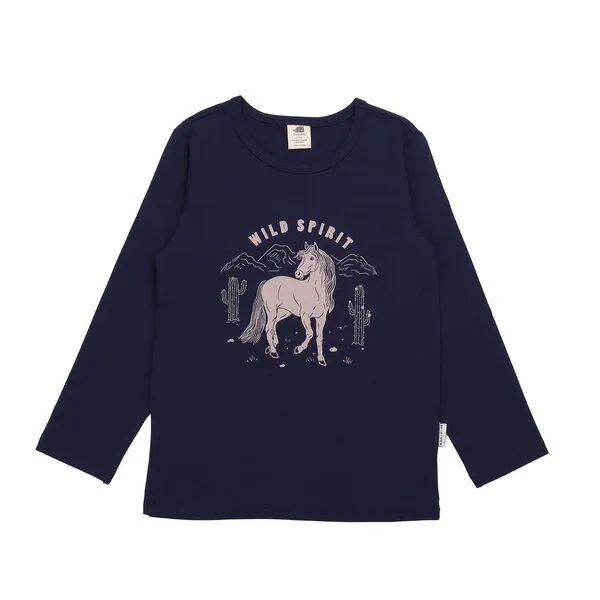Walkiddy Walkiddy Kinder Langarmshirt GOTS zertifiziert, navy, Pferde-Print, Bio-Baumwolle, Dunkel blau, – Produktbild 1 von 3