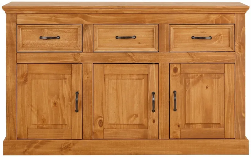 OTTO home Sideboard Selma Kommode mit 3 Türen, 3 Schubläden und 6 Fächer, Metallgriffe, aus massivem Kiefernholz, 3 Einlegeböden, mit dekorativer Fräsung, Beige, – Produktbild 4 von 5