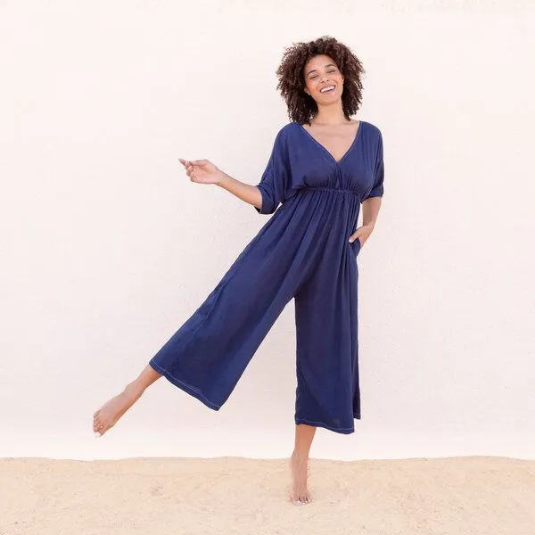 Jaya GEENY - Damen - JAYA-UNIQUE - schöner Jumpsuit,Färbung mit Indigo-Blättern, als Beach, Resort oder Evening Wear, handgemacht in Bali, Dark indigo, – Produktbild 2 von 3