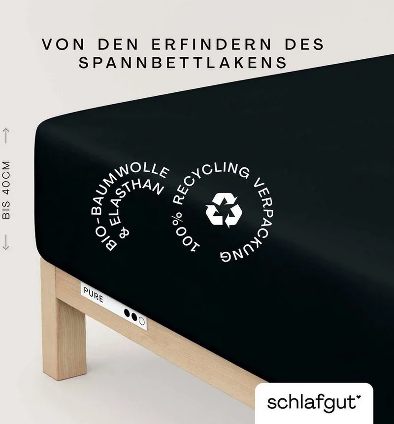 Schlafgut Schlafgut Spannbettlaken PURE BOXSPRING Bio-Baumwolle mit Elasthan, 170 g/m², Bettlaken, Jersey-Elasthan, Gummizug: rundum, (1 Stück), PREMIUM Boxspringbett Laken bis 40 cm Höhe, dehnbar blickdicht, straff, Schwarz, – Produktbild 2 von 5