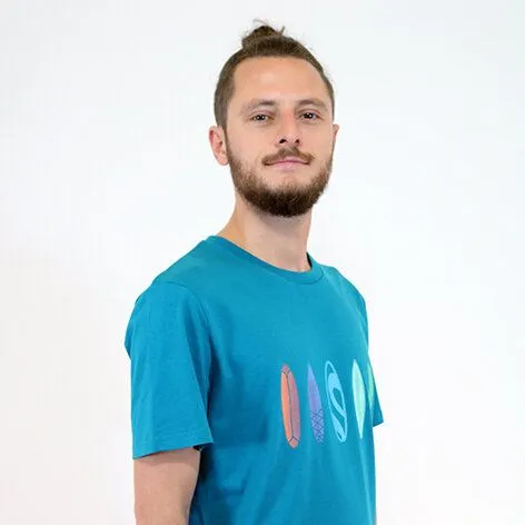Spangeltangel Spangeltangel Surfboard T-Shirt, Siebdruck, Irisdruck, Herrenshirt, Bio-Baumwolle bedruckt, Türkis, – Produktbild 2 von 4