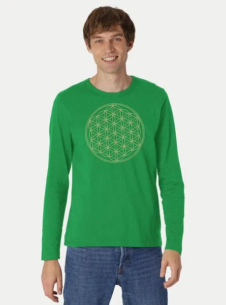 Peaces.bio - handbedruckte Biomode Peaces.bio - handbedruckte Biomode Bio-Herren-Langarmshirt "Die Blume des Lebens", Grün, – Produktbild 2 von 2
