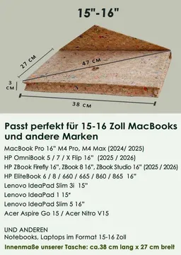 BY COPALA BY COPALA Gefütterte 15–16 Zoll Laptoptasche aus Kork | Nachhaltige vegane Laptop Hülle mit Magnetverschluss, wasserabweisend für MacBook Air & Pro, Farbakzenten – Produktbild 1 von 1