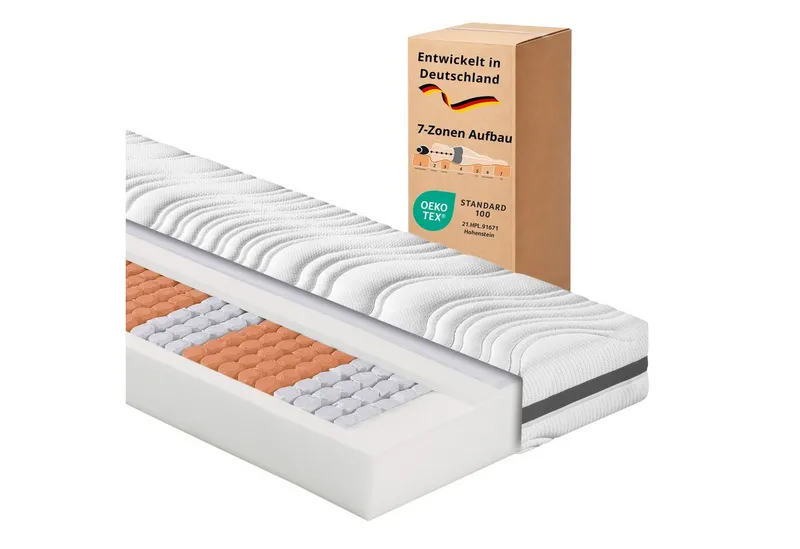 Federkernmatratze Comfort 130, in 90x200 cm, 140x200 cm und weitere Größen, sleepling, 18 cm hoch, mit 7-Zonen Kaltschaum Auflage und verschiedenen Härtegraden, Weiß, – Produktbild 1 von 5