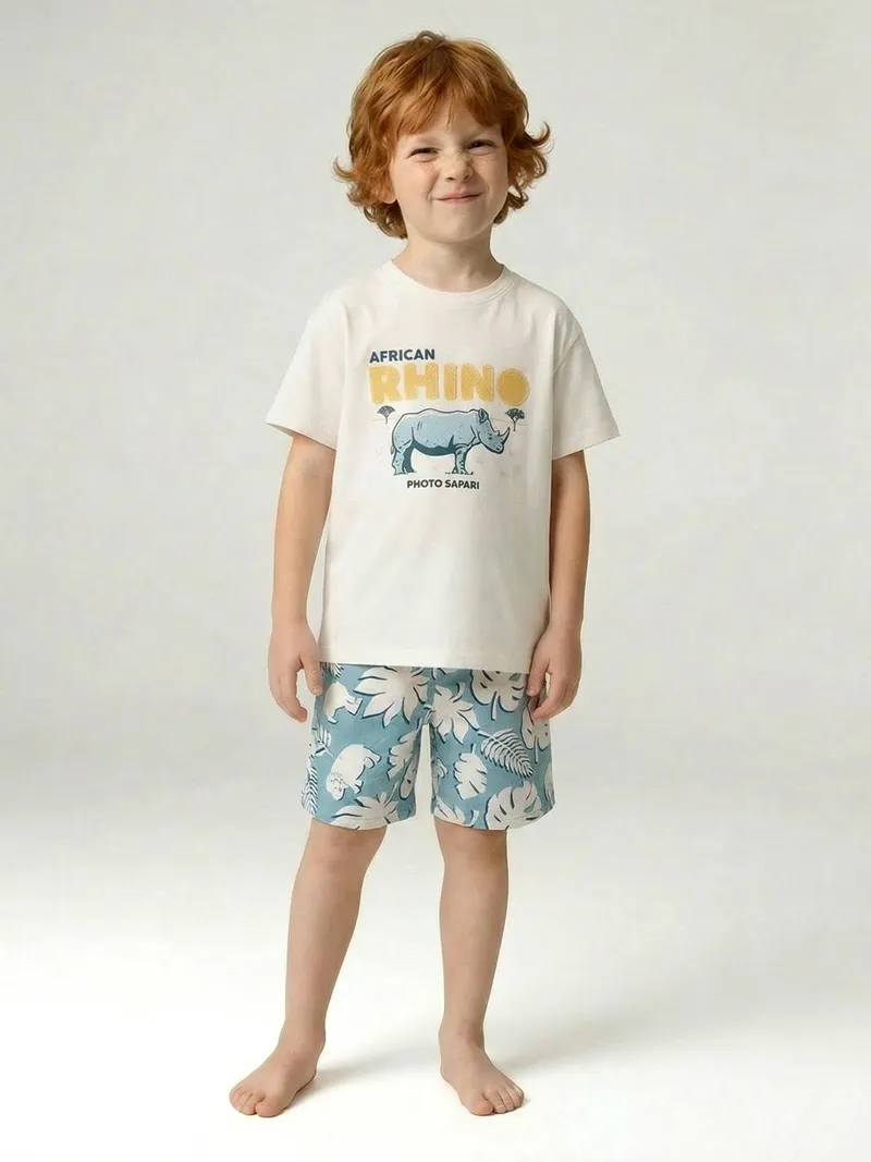 Vertbaudet Jungen-Set aus T-Shirt und Shorts AFRICAN RHINO, Wollweiß, – Produktbild 1 von 4