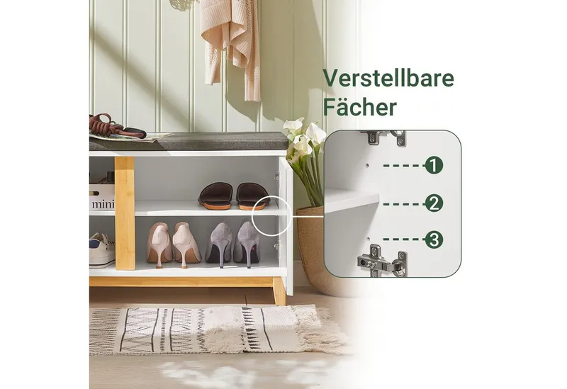 SoBuy Schuhbank FSR117, Schuhtruhe Sitzkommode Schuhregal mit sitzbank Sitzbank schmal, mit Sitzfläche Garderobenbank Sitzbank mit Stauraum Dielenbank, Weiß, – Produktbild 4 von 5