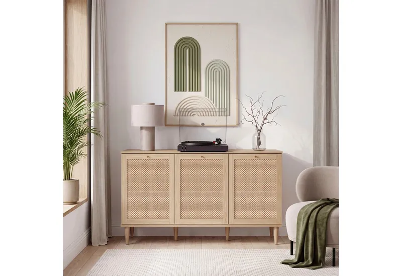 OTTO home Sideboard ELLIAN mit Wiener Geflechtoptik, 3 Türen, Boho Stil, Vintage, Holzfüße, Metallgriffe, Made in EU, viel Stauraum, FSC® zertifiziert, Beige, – Produktbild 3 von 5