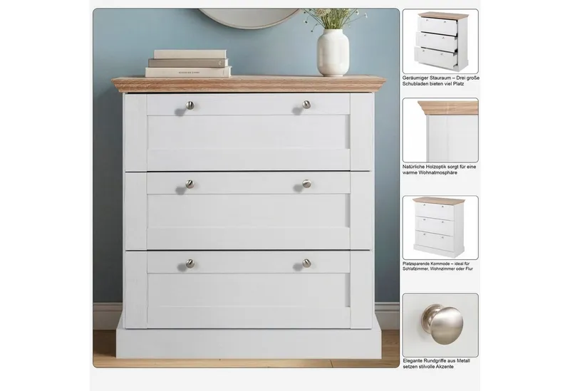 OTTO home Schubkastenkommode Binz, mit schönen Metallgriffen, 3 Schubladen, Breite 75 cm, Weiß, – Produktbild 3 von 5