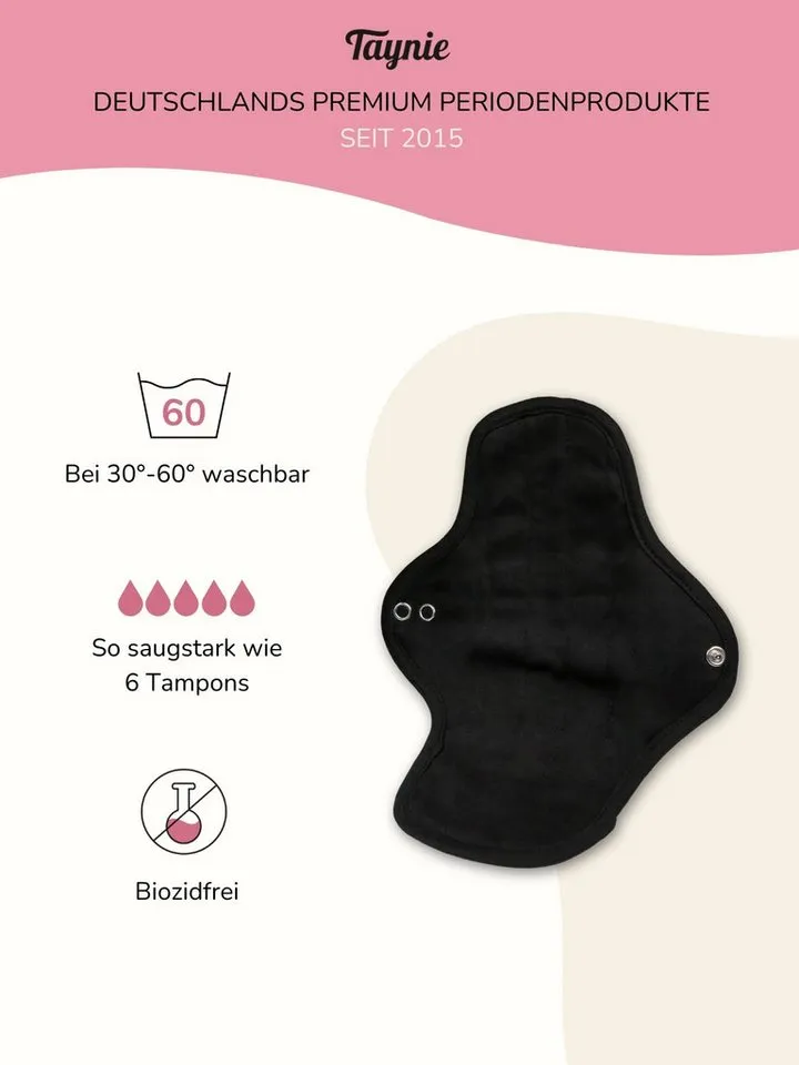 Taynie Taynie Binden Waschbare Binde extra stark - wiederverwendbare Stoffbinde, Extra stark, 3-St., Waschbare Binden / Wiederverwendbare Stoffbinden aus Bio-Baumwolle, Schwarz, – Produktbild 3 von 5