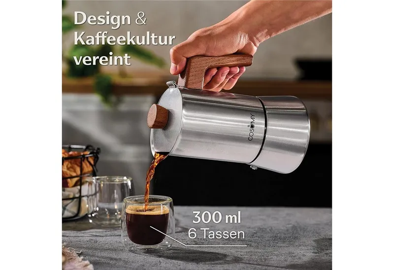 Cosumy Espressokocher, Induktionsgeeignet, FSC-zertifiziertes Eichenholz, Silberfarben, – Produktbild 1 von 5
