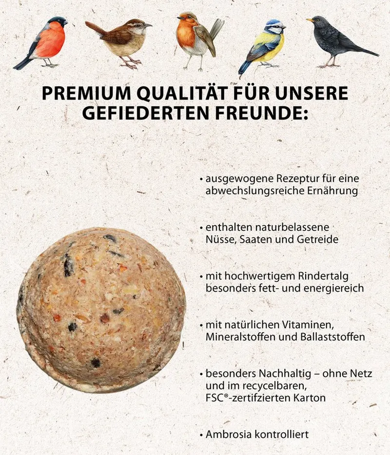 Dehner Natura Große Meisenknödel, ohne Netz, 30 Stück je 90 Gramm (2.7 kg), Hauptfutter für: Gartenvögel, Wildvogel, im Karton, hochwertiges Wildvogelfutter zur ganzjährigen Fütterung – Produktbild 3 von 5