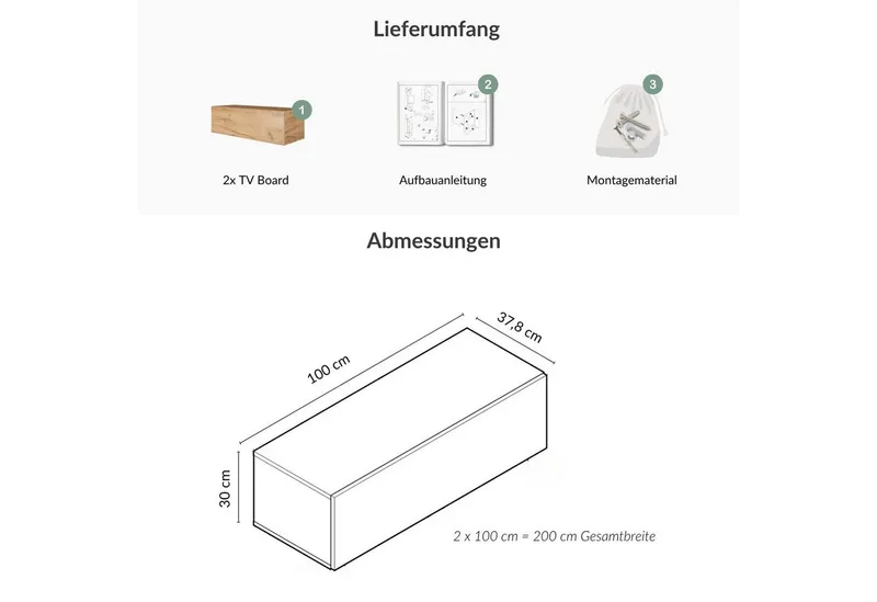 Planetmöbel TV-Schrank West TV-Board, Fernsehtisch 200 cm lang, TV-Lowboard (für Fernseher bis 55 Zoll, TV Schrank viel Stauraum, 2-St., sideboard hängend, Fernsehschrank 2x 100 x 30 x 37,5 cm) gold eiche, Braun, – Produktbild 4 von 5