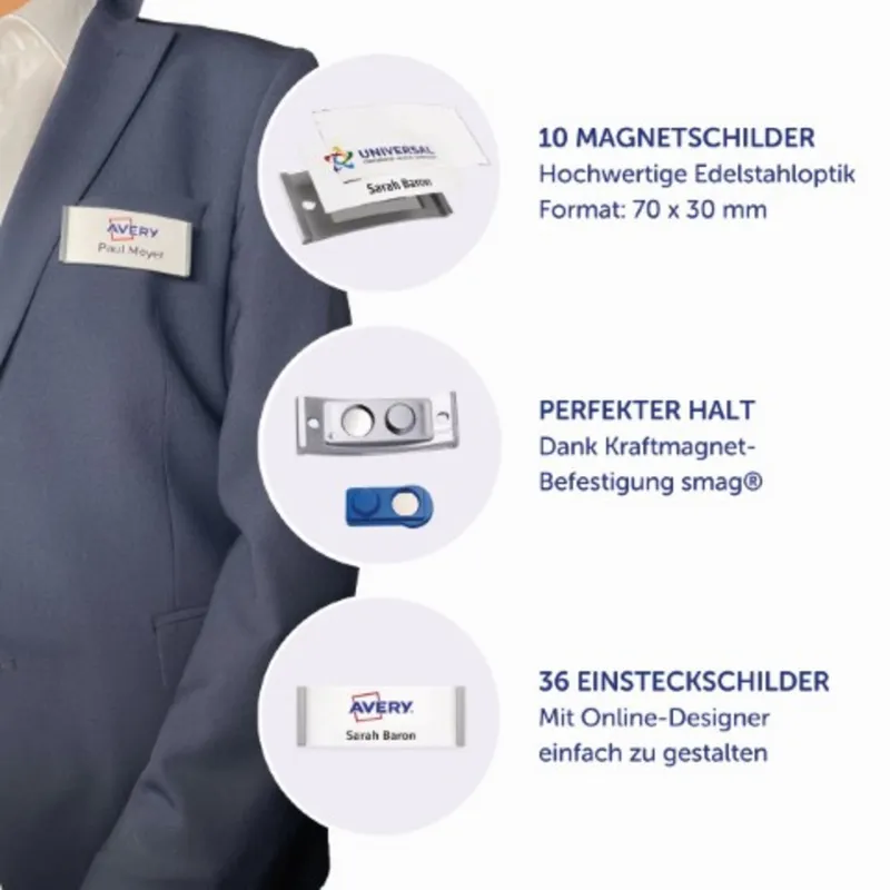 Avery Zweckform Avery Zweckform 10 Namensschilder 'Polar30' mit Magnet, silber, 70 x 30 mm – Produktbild 1 von 4