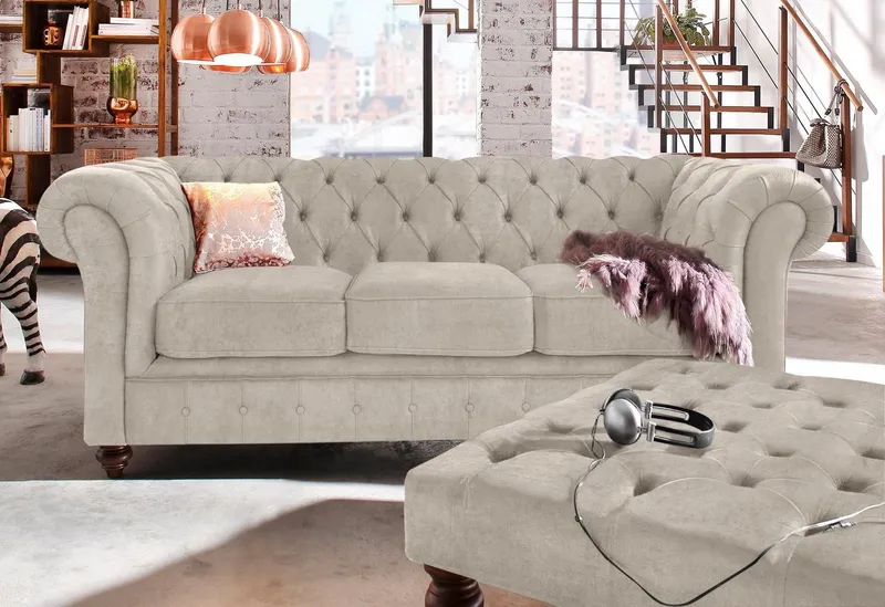 OTTO home Chesterfield-Sofa Chesterfield 3-Sitzer B/T/H: 198/89/74 cm, mit hochwertiger Knopfheftung, auch in Leder, Beige, – Produktbild 5 von 5