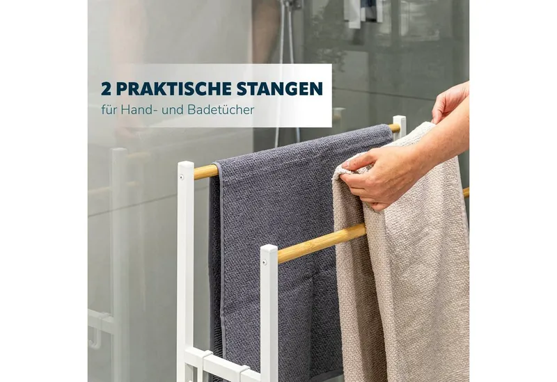 eluno Handtuchständer Badetuchhalter freistehend, mit 2 Bambus-Stangen, 4 Haken, Weiß, – Produktbild 4 von 5