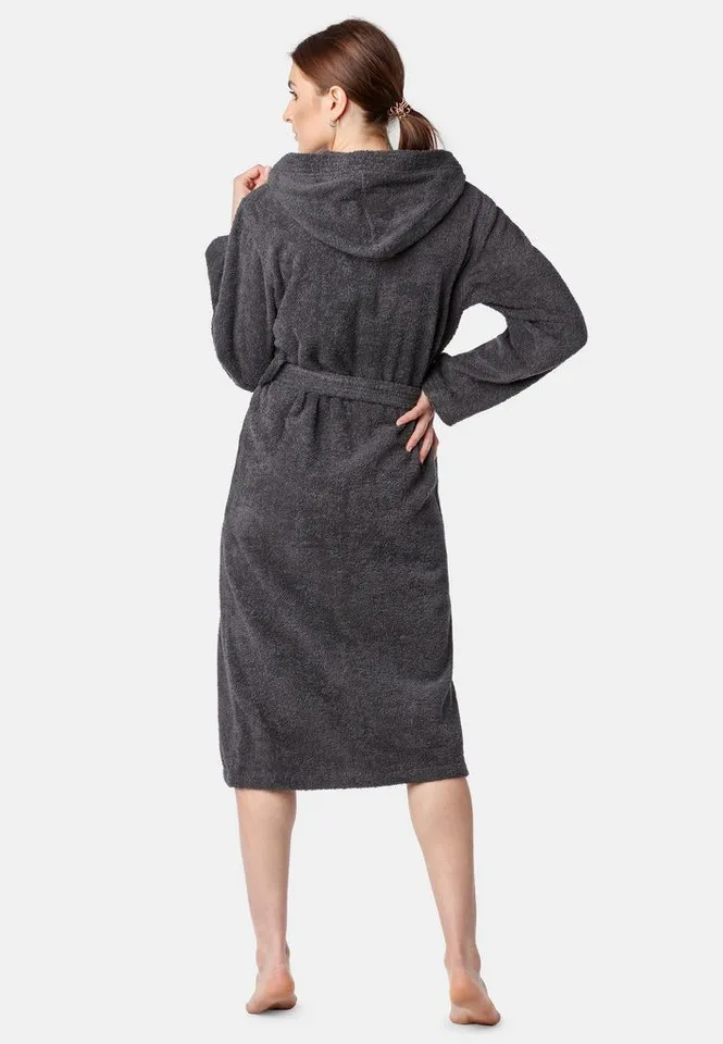 Ladeheid Bademantel Damen Frottee Bademantel aus 100% Bio- Baumwolle LA40-225, Langform, Baumwolle, Kapuze, Grau, – Produktbild 3 von 5