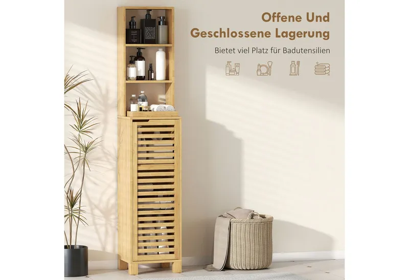 HOMCOM HOMCOM Badkommode Badezimmerschrank, Hochschrank mit 3 offenen Regalen, Lamellentür (Badezimmerschrank aus Bambus, 1 St., Badschrank), für Badezimmer, Wohnzimmer 34 x 30 x 170 cm, Beige, – Produktbild 4 von 4