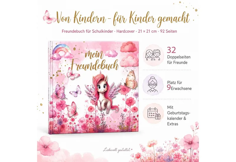 TOBJA Poesiealbum Freundebuch Grundschule Einhorn 21x21 cm - 32 Freunde, 9 Erwachsene, Einhorn-Motiv, 92 Seiten, 30 Doppelseiten, FSC®-Papier – Produktbild 2 von 5