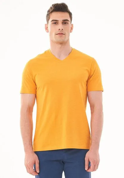 ORGANICATION ORGANICATION Basic T-Shirt aus Bio-Baumwolle mit V-Ausschnitt, Mango, – Produktbild 1 von 3