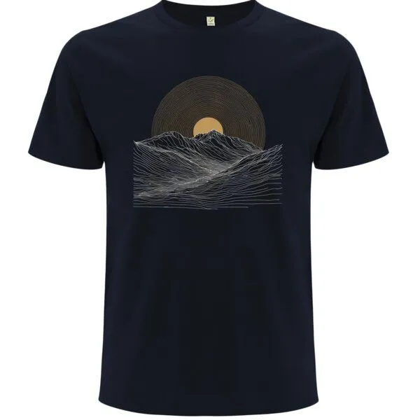 Spreecult Spreecult LineArt Sonnenaufgang - Bio und Fair - Männer Unisex T-Shirt - Line Art Berge Wellen, Navy, – Produktbild 1 von 2