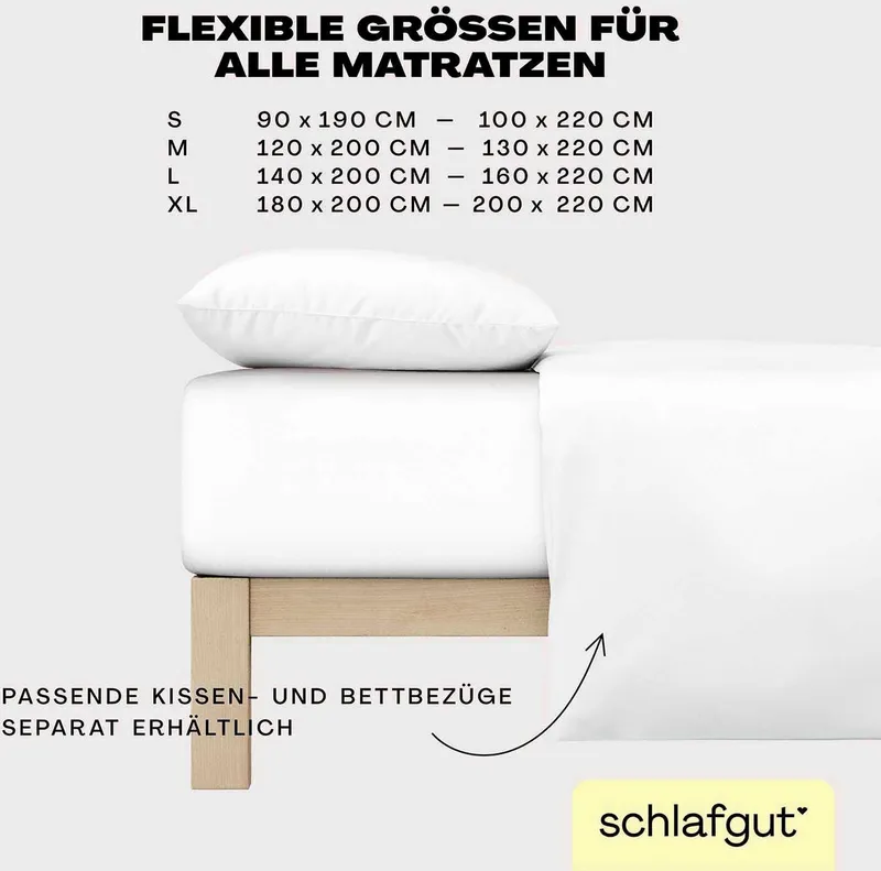 Schlafgut Schlafgut Spannbettlaken EASY JERSEY ELASTHAN Bettlaken, 170 g/m², 95% Baumwolle, 5% Elasthan, Jersey, Gummizug: rundum, (1 Stück), Spannbettlaken bis 30 cm Höhe, bügelfrei, pflegeleicht, perfekter Sitz, Weiß, – Produktbild 1 von 5