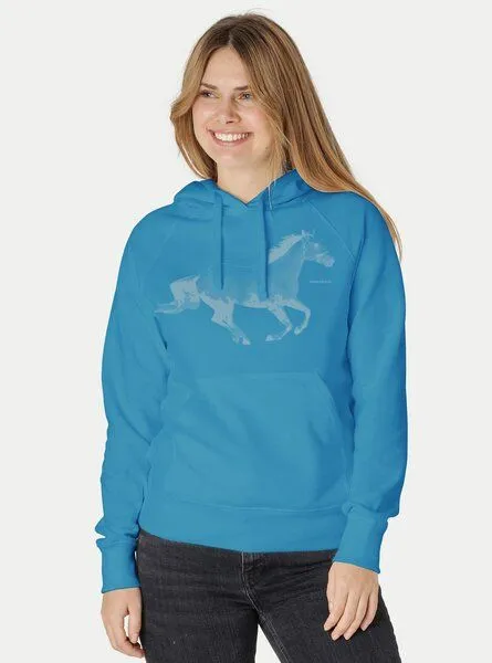 Peaces.bio - handbedruckte Biomode Peaces.bio - handbedruckte Biomode Bio-Damen-Kapuzensweater Horsepower, Türkis, – Produktbild 2 von 2