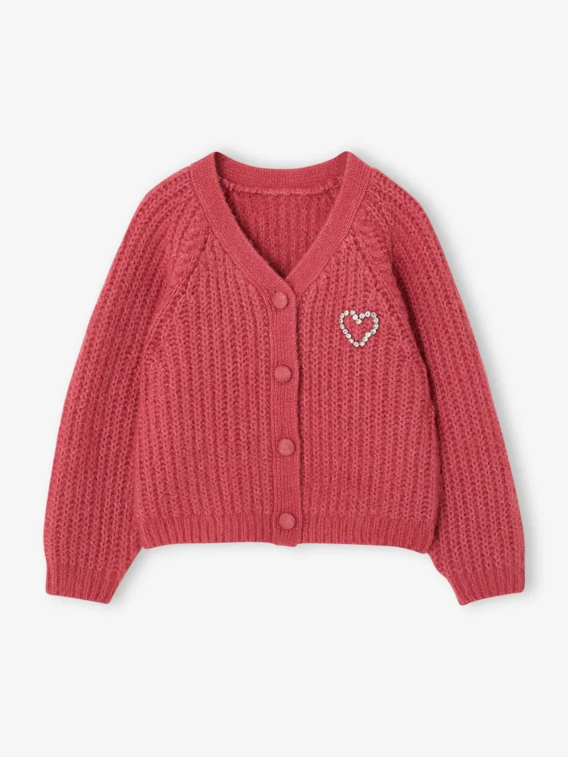 Vertbaudet Mädchen Strickjacke mit Schmuckstein-Herzapplikation Wollmix 43% Recycling-Polyester GRS-zertifiziert, Altrosa, – Produktbild 3 von 3