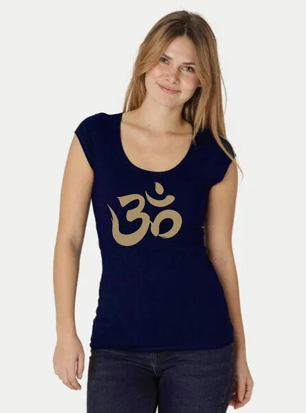 Peaces.bio - handbedruckte Biomode Peaces.bio - handbedruckte Biomode Roundneck Shirt Damen OM, Blau, – Produktbild 2 von 2