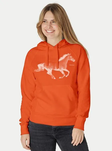 Peaces.bio - handbedruckte Biomode Peaces.bio - handbedruckte Biomode Bio-Damen-Kapuzensweater Horsepower, Orange, – Produktbild 2 von 2